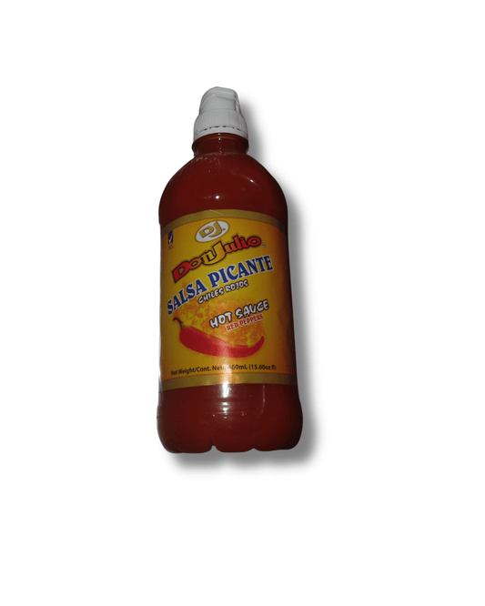 A bottle of Red White brand Salisa Picante Hot Sauce, filled with red sauce and featuring a yellow label with blue and red text, set against a plain white background with a drop shadow.